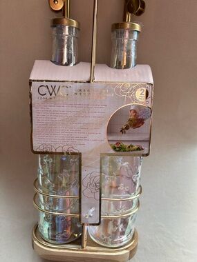 CWC Iridescent Glass Oil & Vinegar Dispenser Set - Gold Rack